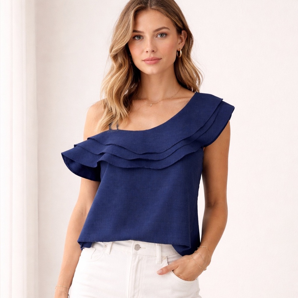 Navy One-Shoulder Ruffle Blouse Feminine Romantic | Size Small